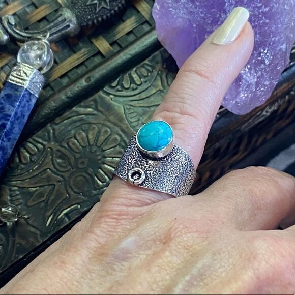 Natural Turquoise Wide Band Sterling Silver Ring Size 8 - Picture 3 of 6